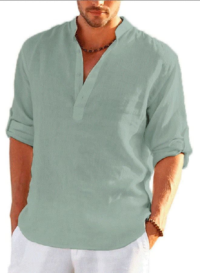 NIBEMINENT Men's Long Sleeve Loose Solid Color Linen Shirt 