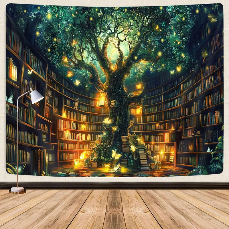 GOAOK Fantasy Library Tapestry, Fairytale Tree Magic Bookshelf Aesthetic Tapestry for Classroom, Witchy Fairy Tree Mysterious Vintage Bookshelf Book Art Tapestry Wall Hanging College Room Bedroom, 60"X40" - Image 1