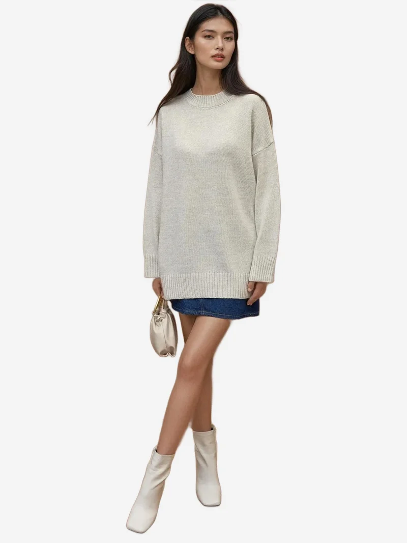 HICCUP Thick Knit Crew Neck Long Sweater