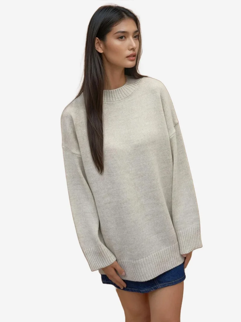Hiccup Stone Natural Thick Knit Crew Neck Long Sweater for Women | Best Price UAE