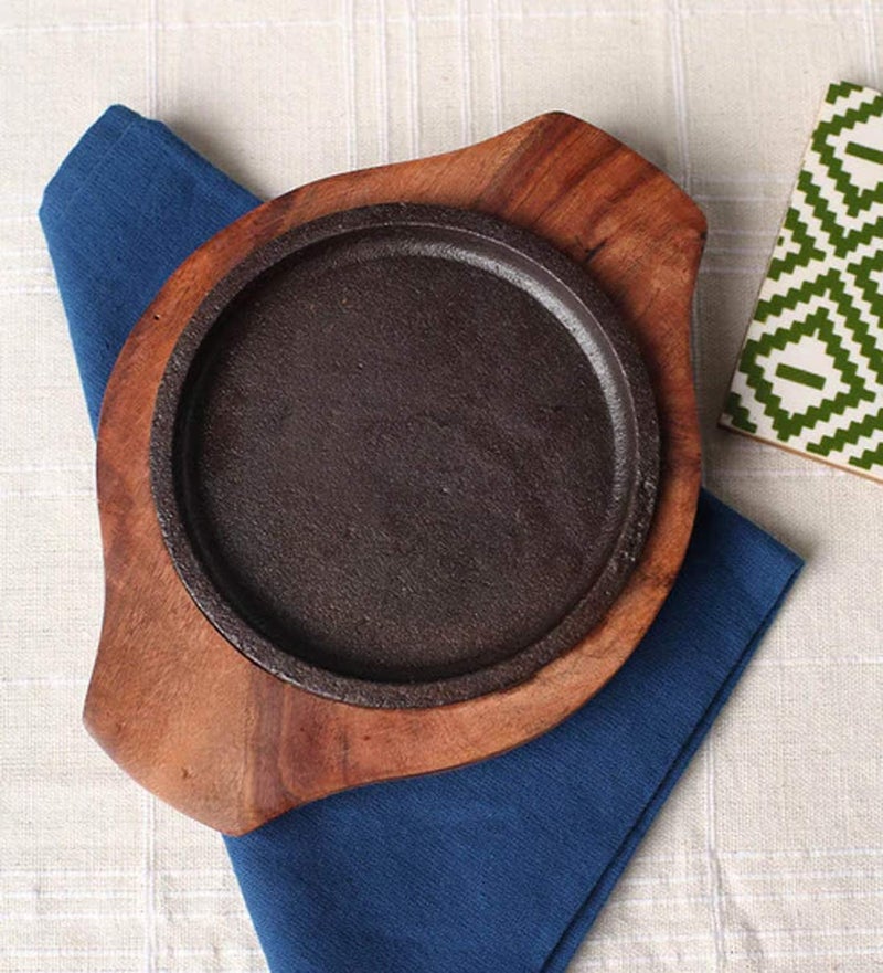 HAINE Dessert Serving Plate Brownie Sizzler Tray with Wooden Base, 5 inch - Image 2