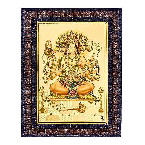 Hawai Gold Plated Panchmukhi Hanuman Ji Photo Frame, Size 21x17x2cm | Engineered Wood Wall Hanging Frame | Bajrang Bali Religious Wall Decor for Pooja Room, Home & Office | Spiritual Gift Item | BLKFRM450 - Image 1
