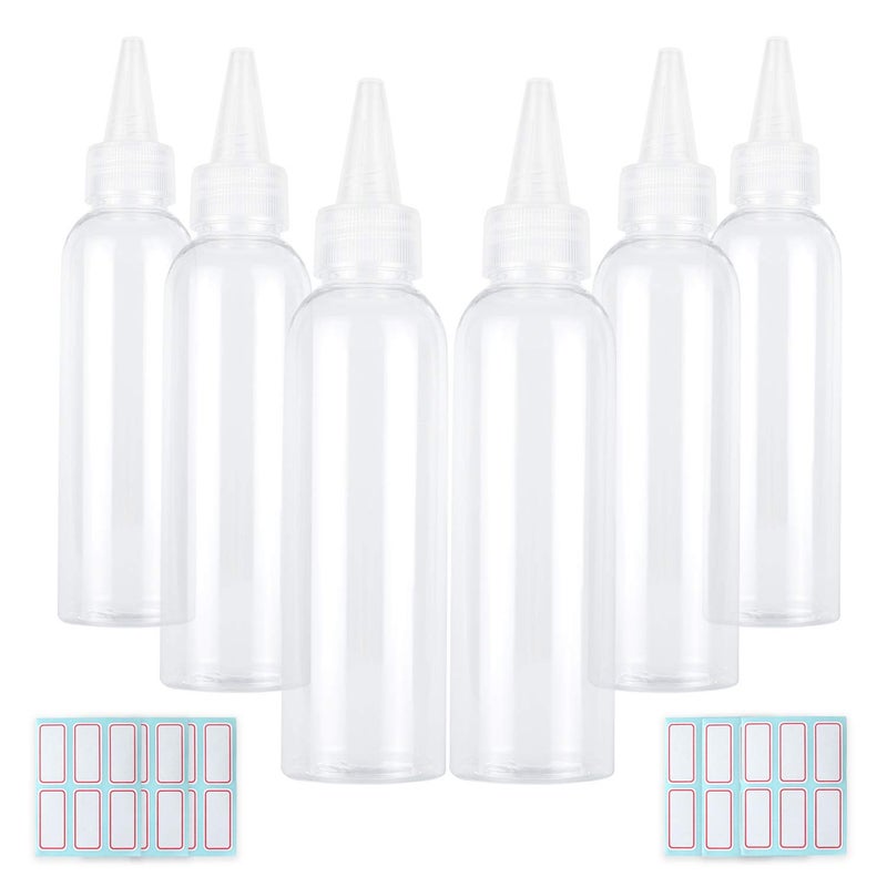Trendbox 4oz Clear Plastic Bottles Applicator with Twist Top Cap BPA-Free for Hair Oils and Liquids 6 Pack with 6pcs Labels - Image 1