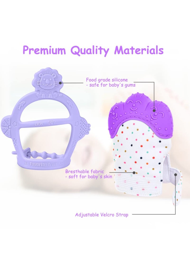 بيبي لاند قفاز تسنين من السيليكون، قطعتان من قفاز التسنين للاطفال، لعبة تسنين الطفل مع حزام قابل للتعديل، صوت خشخشة ومنسوج، العاب مضغ للاطفال الرضع من عمر 0-6 اشهر.(بنفسجي) - Image 3