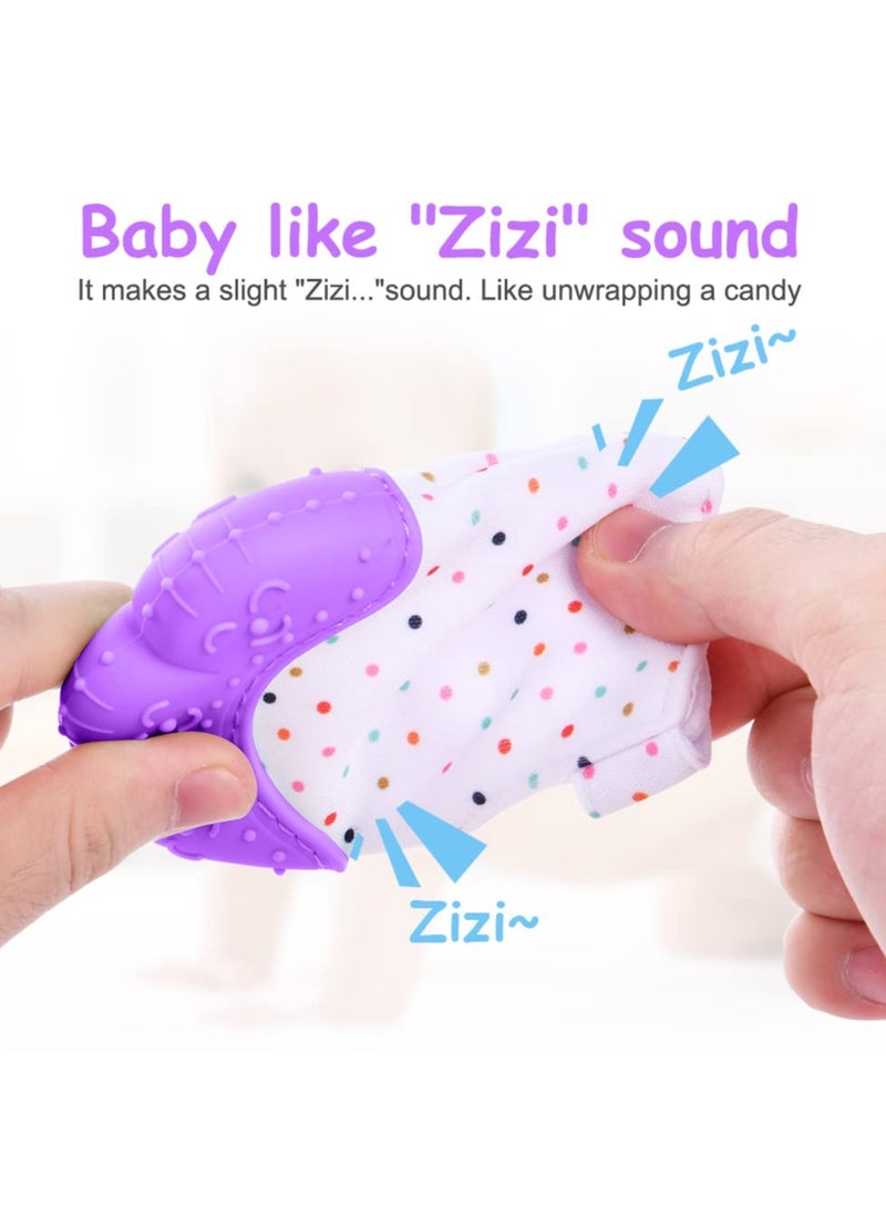 بيبي لاند قفاز تسنين من السيليكون، قطعتان من قفاز التسنين للاطفال، لعبة تسنين الطفل مع حزام قابل للتعديل، صوت خشخشة ومنسوج، العاب مضغ للاطفال الرضع من عمر 0-6 اشهر.(بنفسجي) - Image 4