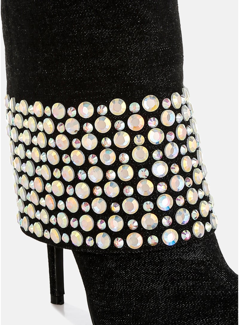 London Rag Diamante & Rhinestones Denim Boots in Black - Image 4