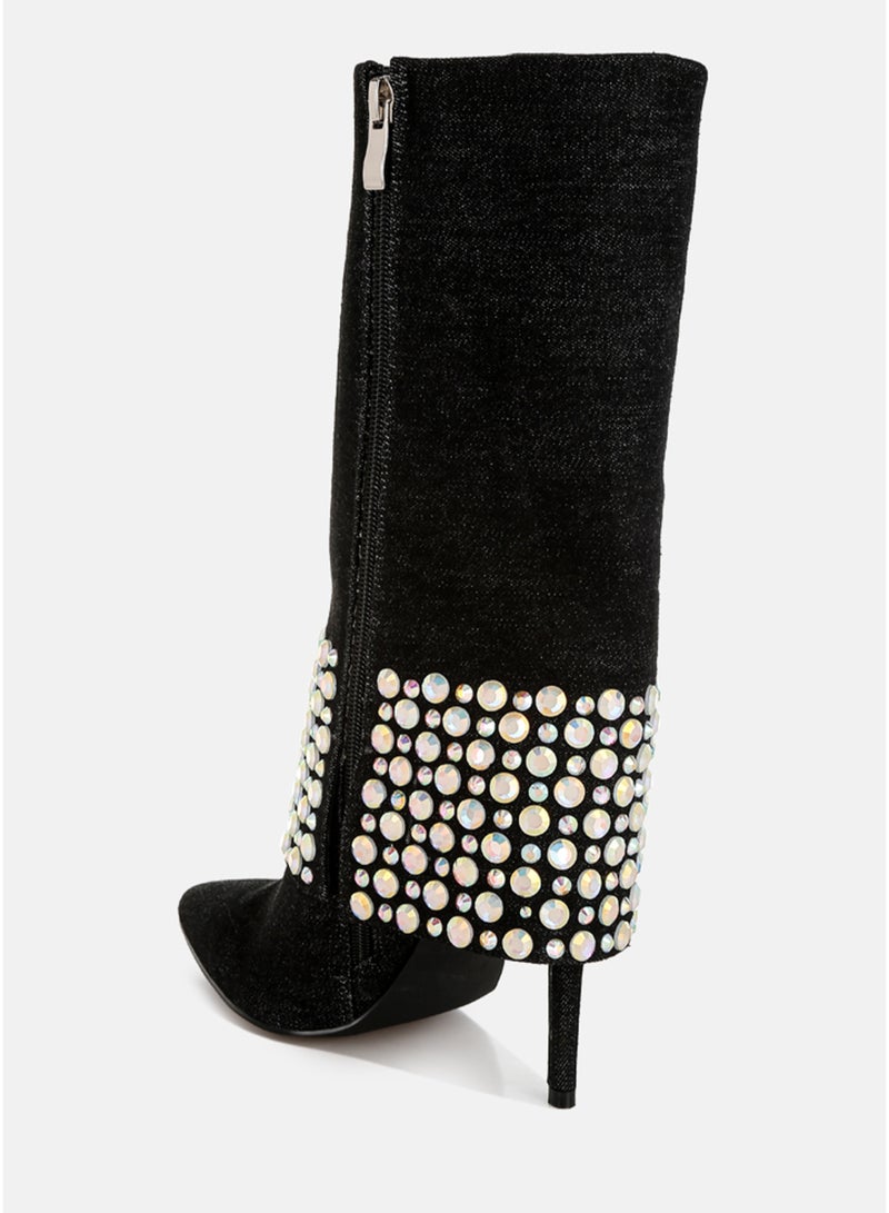 London Rag Diamante & Rhinestones Denim Boots in Black - Image 3