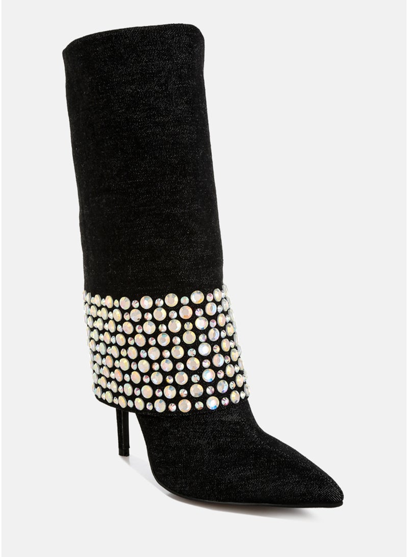 London Rag Diamante & Rhinestones Denim Boots in Black - Image 2