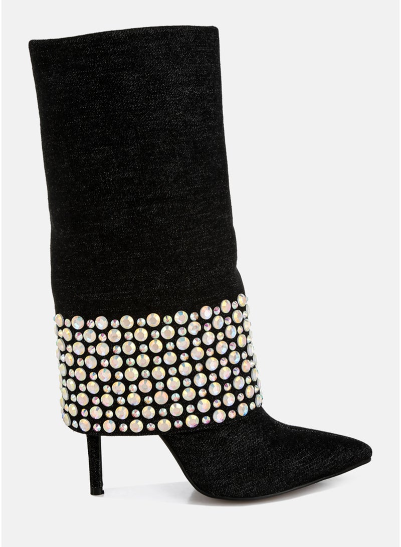 London Rag Diamante & Rhinestones Denim Boots in Black - Image 1