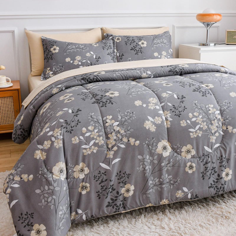 AIKASY Grey King Bed in a Bag 7Pieces Comforter Set with SheetsTree Branches and Flowers Printing DesignUltra Soft Down Alternative All Season Bedding SetKing Grey
