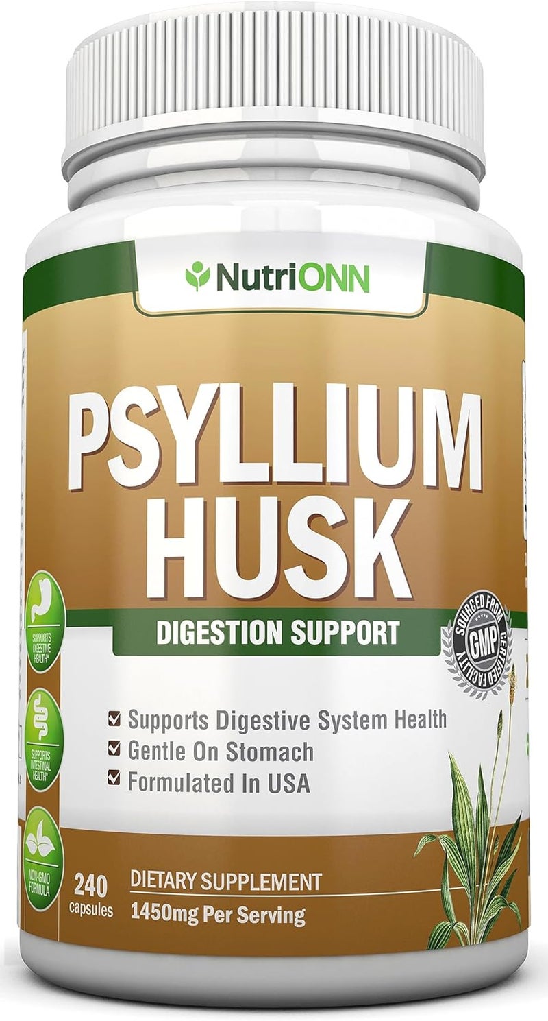 NutriONN كبسولات قشور السيليوم 1450 ملغ لكل حصة 240 كبسولة مكمل ألياف السيليوم الممتاز رائع للهضم والانتظام 100 ألياف قابلة للذوبان طبيعية - Image 1