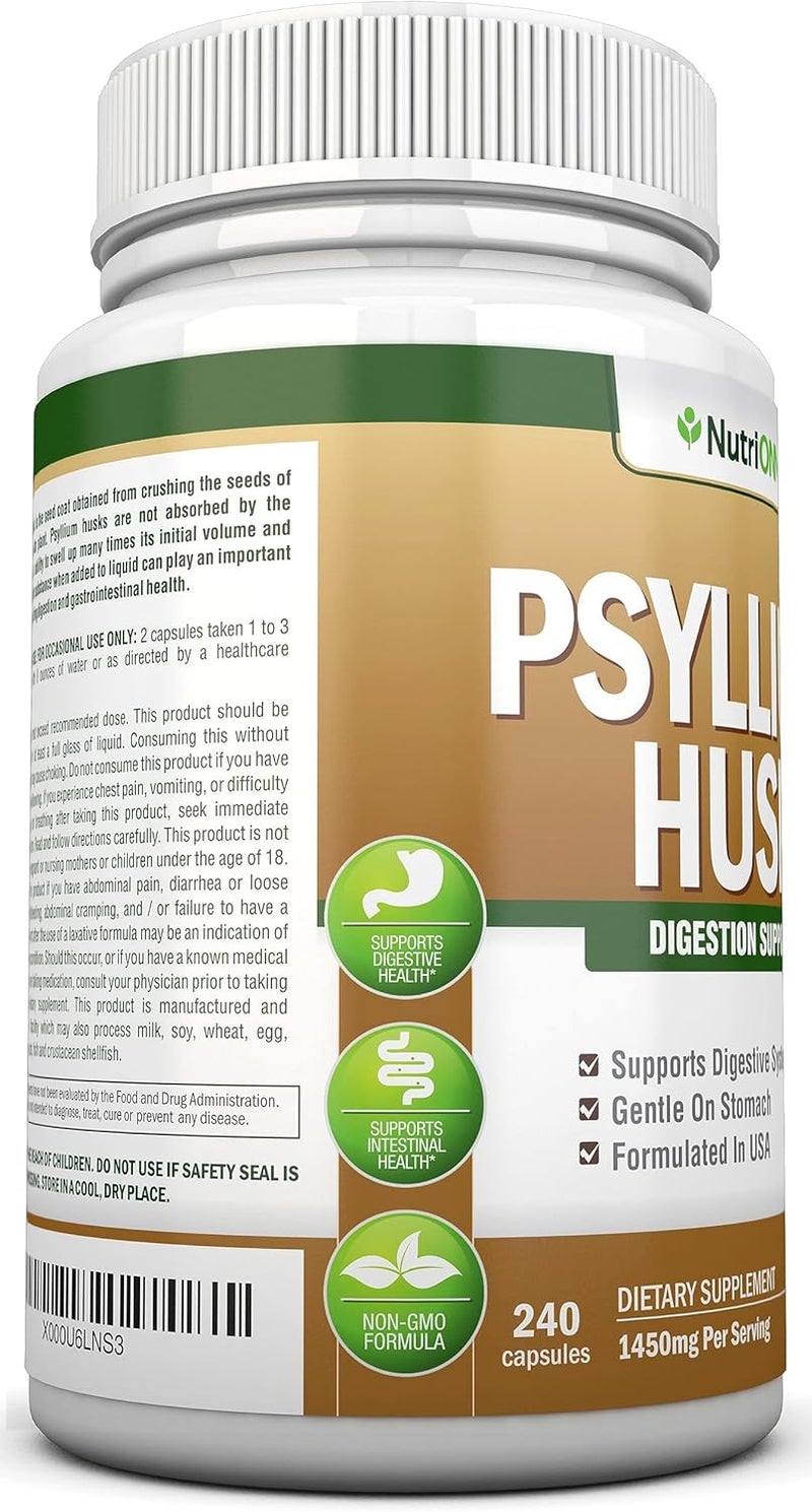 NutriONN كبسولات قشور السيليوم 1450 ملغ لكل حصة 240 كبسولة مكمل ألياف السيليوم الممتاز رائع للهضم والانتظام 100 ألياف قابلة للذوبان طبيعية - Image 4