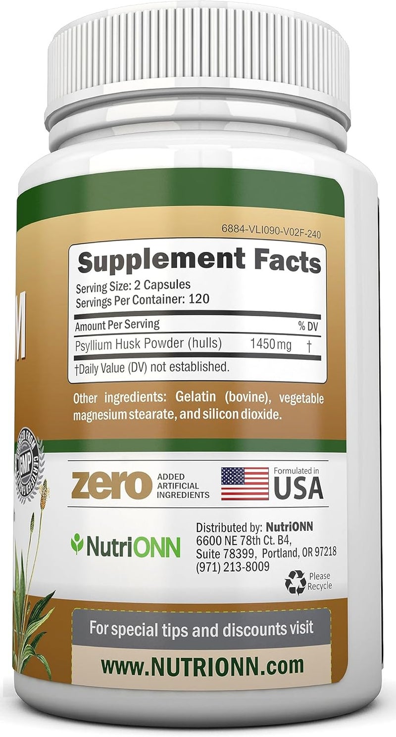 NutriONN كبسولات قشور السيليوم 1450 ملغ لكل حصة 240 كبسولة مكمل ألياف السيليوم الممتاز رائع للهضم والانتظام 100 ألياف قابلة للذوبان طبيعية - Image 2