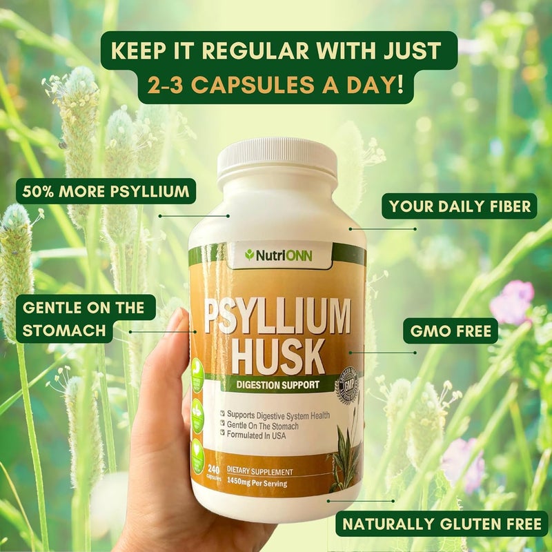 NutriONN كبسولات قشور السيليوم 1450 ملغ لكل حصة 240 كبسولة مكمل ألياف السيليوم الممتاز رائع للهضم والانتظام 100 ألياف قابلة للذوبان طبيعية - Image 3