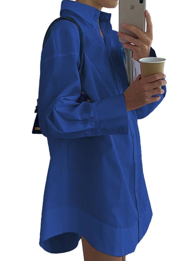 LYANER Women's Casual Shirt Dress Collar V Neck Button Down Loose Long Sleeve Mini Dresses, Royal Blue, L - Image 2