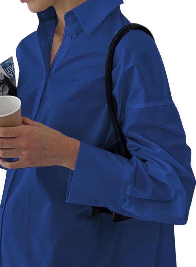 LYANER Women's Casual Shirt Dress Collar V Neck Button Down Loose Long Sleeve Mini Dresses, Royal Blue, L - Image 3