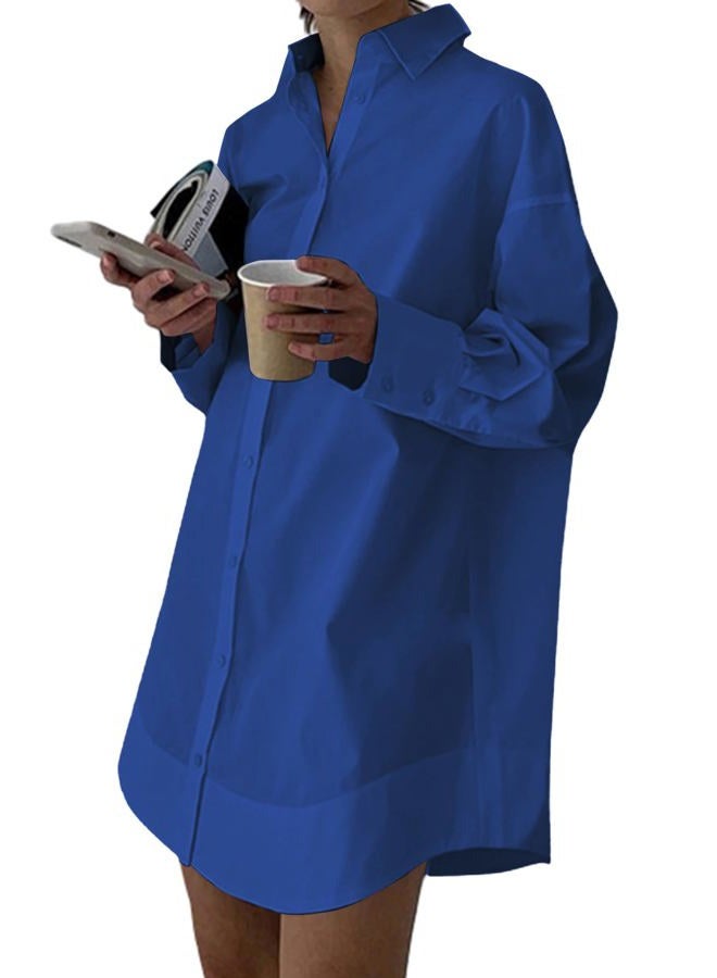 LYANER Women's Casual Shirt Dress Collar V Neck Button Down Loose Long Sleeve Mini Dresses, Royal Blue, L - Image 1