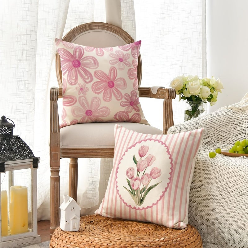 Pink Tulip Throw Pillow Covers 16x16 Inches Stripe Flowers Cushion Case for Sofa Couch - Image 5