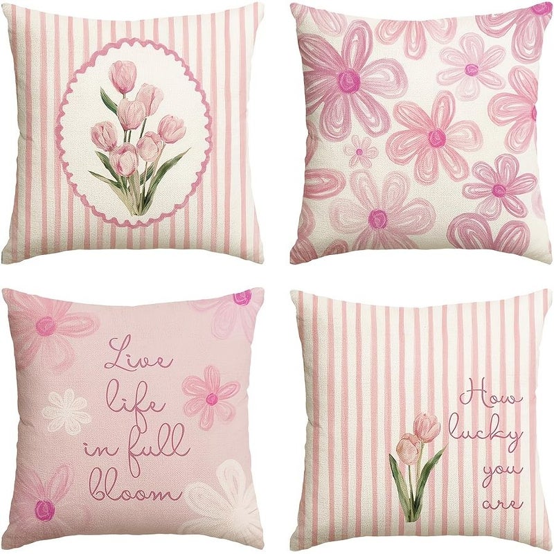 Pink Tulip Throw Pillow Covers 16x16 Inches Stripe Flowers Cushion Case for Sofa Couch - Image 1