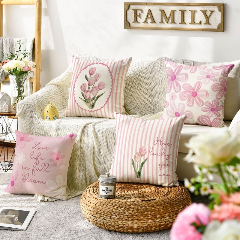 Pink Tulip Throw Pillow Covers 16x16 Inches Stripe Flowers Cushion Case for Sofa Couch - Image 4