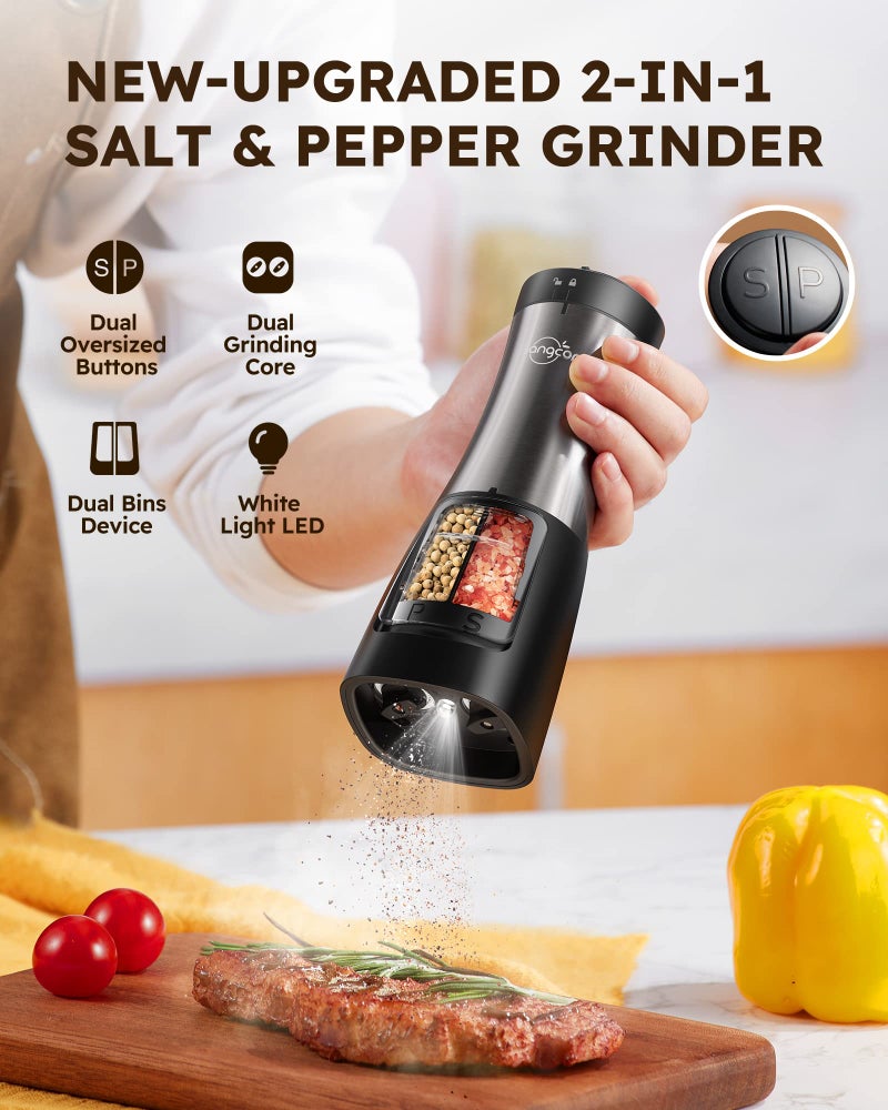 Sangcon Electric Salt and Pepper Grinder Set Shaker 2 IN 1 - Automatic Salt and Pepper Grinder Mill, Battery Powered One-Handed Operation Refillable with Light Dual Ceramic Mill - Image 2