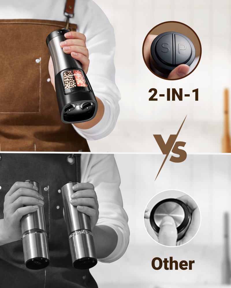 Sangcon Electric Salt and Pepper Grinder Set Shaker 2 IN 1 - Automatic Salt and Pepper Grinder Mill, Battery Powered One-Handed Operation Refillable with Light Dual Ceramic Mill - Image 5
