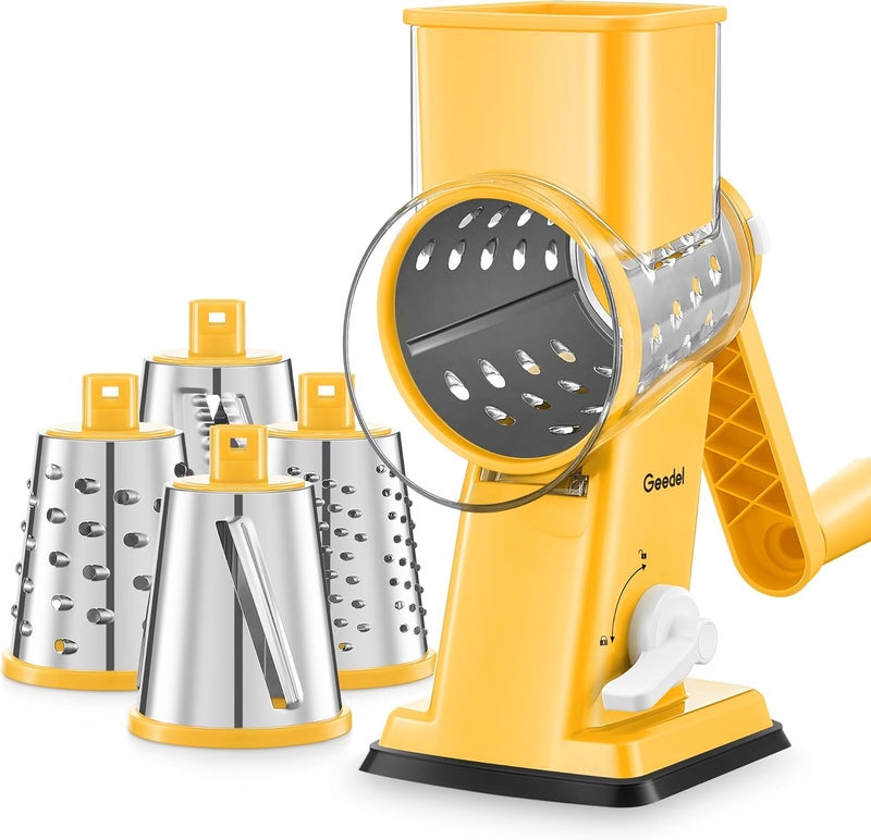 Geedel Rotary Cheese Grater - Upgraded Vegetable Shredder with 4 Interchangeable Blades, Easy to Clean Cheese Shredder with Handle, Kitchen Grater Nuts Grinder for Cutting Cheese, Vegetable, Nuts - Image 1