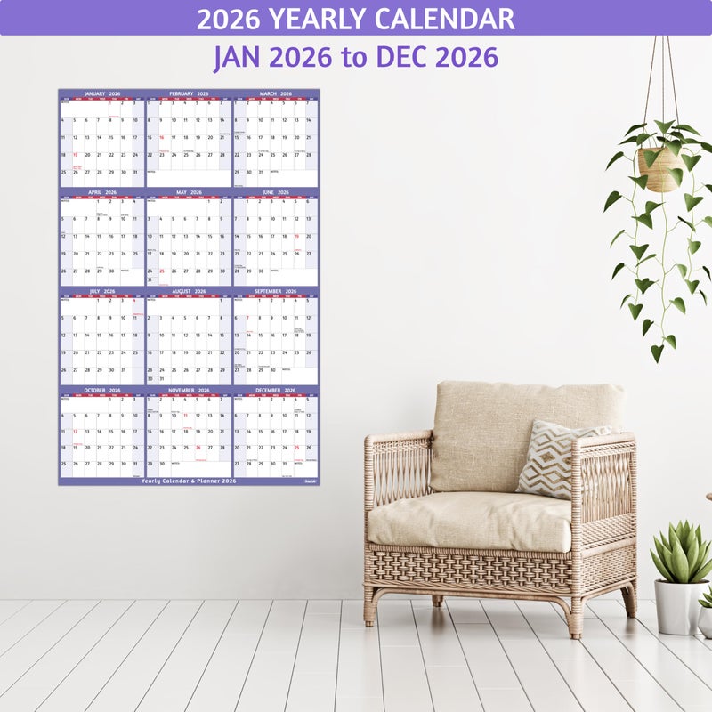 BowCuk 2026 Dry Erase Calendar â€“ Large Yearly Wall calendar 2026, 38.2'' x 25.2'', 2-Side Reversible Calendar 2026, Vertical/Horizontal, Jan 2026 â€“ Dec 2026, 2026 Wall Calendar with Notes, Stickers - Purple - Image 2