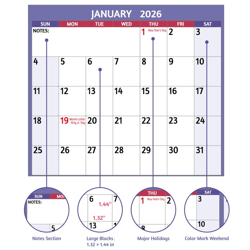BowCuk 2026 Dry Erase Calendar â€“ Large Yearly Wall calendar 2026, 38.2'' x 25.2'', 2-Side Reversible Calendar 2026, Vertical/Horizontal, Jan 2026 â€“ Dec 2026, 2026 Wall Calendar with Notes, Stickers - Purple - Image 4