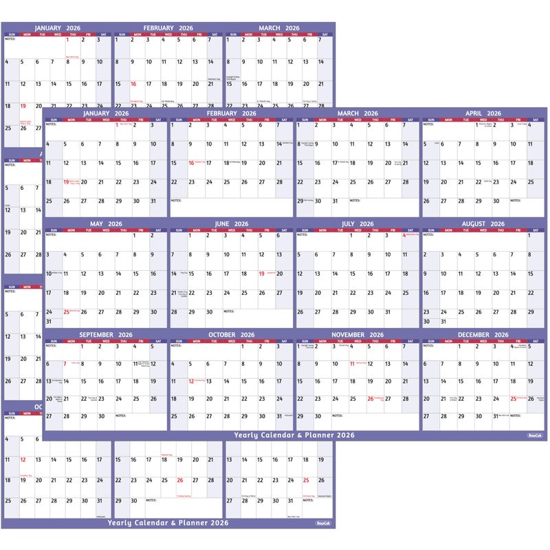BowCuk 2026 Dry Erase Calendar â€“ Large Yearly Wall calendar 2026, 38.2'' x 25.2'', 2-Side Reversible Calendar 2026, Vertical/Horizontal, Jan 2026 â€“ Dec 2026, 2026 Wall Calendar with Notes, Stickers - Purple - Image 1
