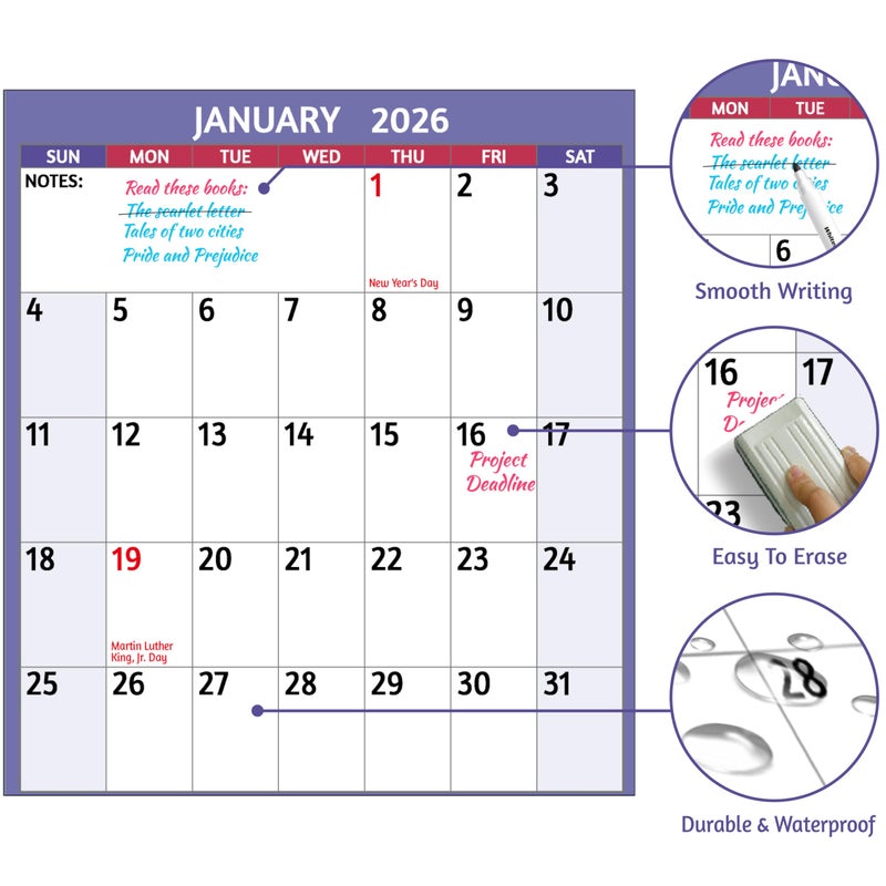BowCuk 2026 Dry Erase Calendar â€“ Large Yearly Wall calendar 2026, 38.2'' x 25.2'', 2-Side Reversible Calendar 2026, Vertical/Horizontal, Jan 2026 â€“ Dec 2026, 2026 Wall Calendar with Notes, Stickers - Purple - Image 5