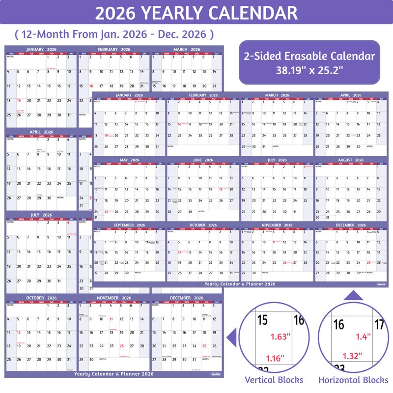 BowCuk 2026 Dry Erase Calendar â€“ Large Yearly Wall calendar 2026, 38.2'' x 25.2'', 2-Side Reversible Calendar 2026, Vertical/Horizontal, Jan 2026 â€“ Dec 2026, 2026 Wall Calendar with Notes, Stickers - Purple - Image 3