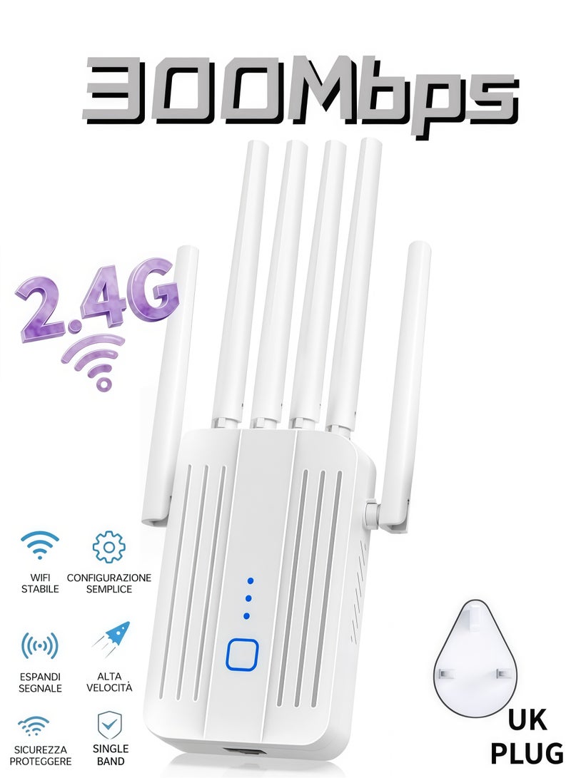 موسع نطاق شبكة واي فاي لاسلكي أحادي النطاق بسرعة 300 ميجابت في الثانية بتردد 2.4 جيجاهرتز، معزز إشارة مزود بـ 6 هوائيات، مكرر واي فاي لاسلكي بمنفذ إيثرنت، يدعم توصيل المزيد من الأجهزة، معزز إنترنت لتغطية واي فاي شاملة بزاوية 360 درجة للمنزل، لون أبيض. - Image 1
