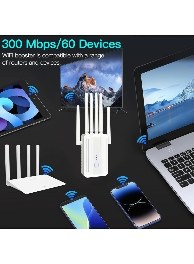 موسع نطاق شبكة واي فاي لاسلكي أحادي النطاق بسرعة 300 ميجابت في الثانية بتردد 2.4 جيجاهرتز، معزز إشارة مزود بـ 6 هوائيات، مكرر واي فاي لاسلكي بمنفذ إيثرنت، يدعم توصيل المزيد من الأجهزة، معزز إنترنت لتغطية واي فاي شاملة بزاوية 360 درجة للمنزل، لون أبيض. - Image 2