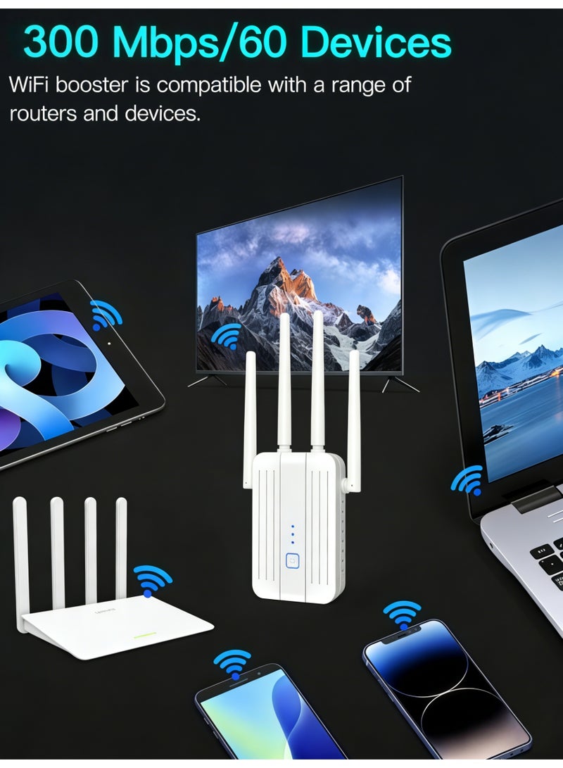 AURIEL 300Mbps Single Band 2.4GHz Wirelss WiFi Extender, Signal Booster with 4 Antennas, Wireless WiFi Repeater with Ethernet Port, More Devices, Internet Extender WiFi Booster for Home, 360° Full Coverage, White - Image 2