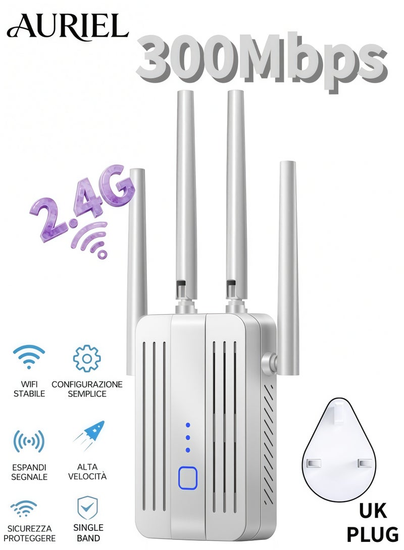 AURIEL 300Mbps Single Band 2.4GHz Wirelss WiFi Extender, Signal Booster with 4 Antennas, Wireless WiFi Repeater with Ethernet Port, More Devices, Internet Extender WiFi Booster for Home, 360° Full Coverage, White - Image 1