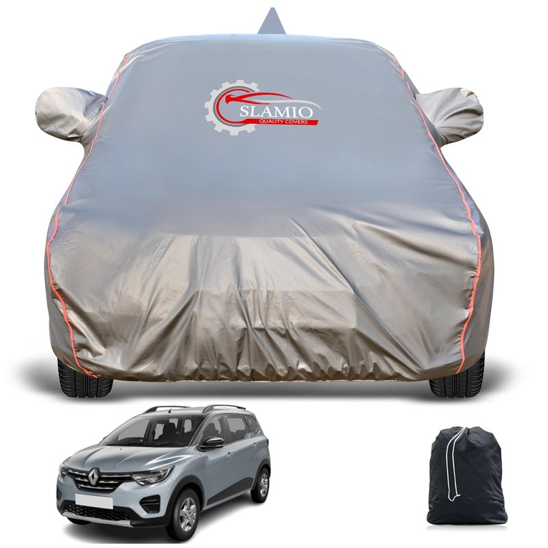 Slamio Heavy-Duty Car Body Cover for Renault's Triber (2019-2025) | Waterproof, Dustproof, UV Protection, Custom Fit, Heavy Belt & Buckle with Mirror & Antenna Pocket | Dark Grey - Image 1