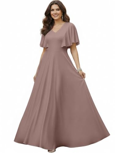 KOH KOH Womens Short Sleeve Ruffle Elegant Modest Dressy Wedding Guest Prom Bridesmaid Cocktail Party Flowy Long Tall Formal Maxi Dress Gown, Gray Dusty Pink L 12-14 - Image 1