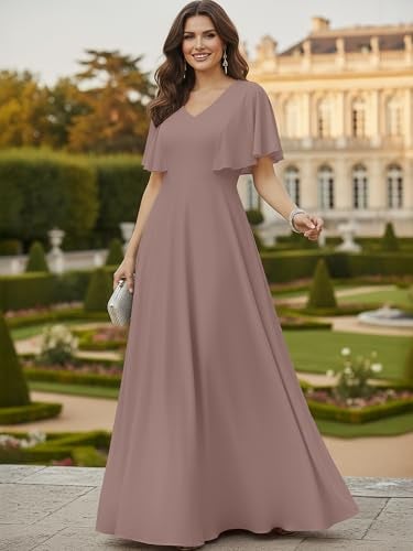 KOH KOH Womens Short Sleeve Ruffle Elegant Modest Dressy Wedding Guest Prom Bridesmaid Cocktail Party Flowy Long Tall Formal Maxi Dress Gown, Gray Dusty Pink L 12-14 - Image 3
