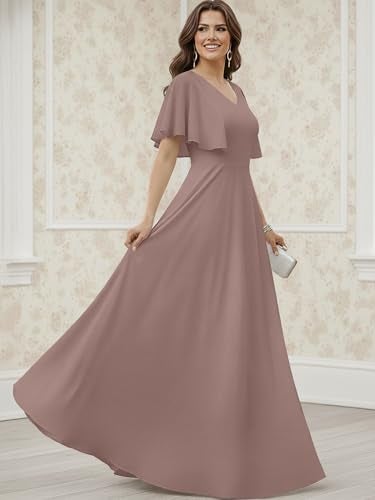 KOH KOH Womens Short Sleeve Ruffle Elegant Modest Dressy Wedding Guest Prom Bridesmaid Cocktail Party Flowy Long Tall Formal Maxi Dress Gown, Gray Dusty Pink L 12-14 - Image 4