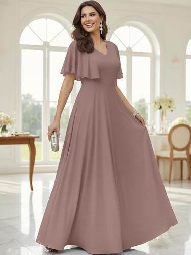 KOH KOH Womens Short Sleeve Ruffle Elegant Modest Dressy Wedding Guest Prom Bridesmaid Cocktail Party Flowy Long Tall Formal Maxi Dress Gown, Gray Dusty Pink L 12-14 - Image 2
