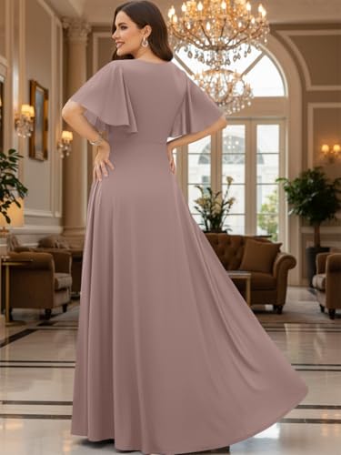 KOH KOH Womens Short Sleeve Ruffle Elegant Modest Dressy Wedding Guest Prom Bridesmaid Cocktail Party Flowy Long Tall Formal Maxi Dress Gown, Gray Dusty Pink L 12-14 - Image 5