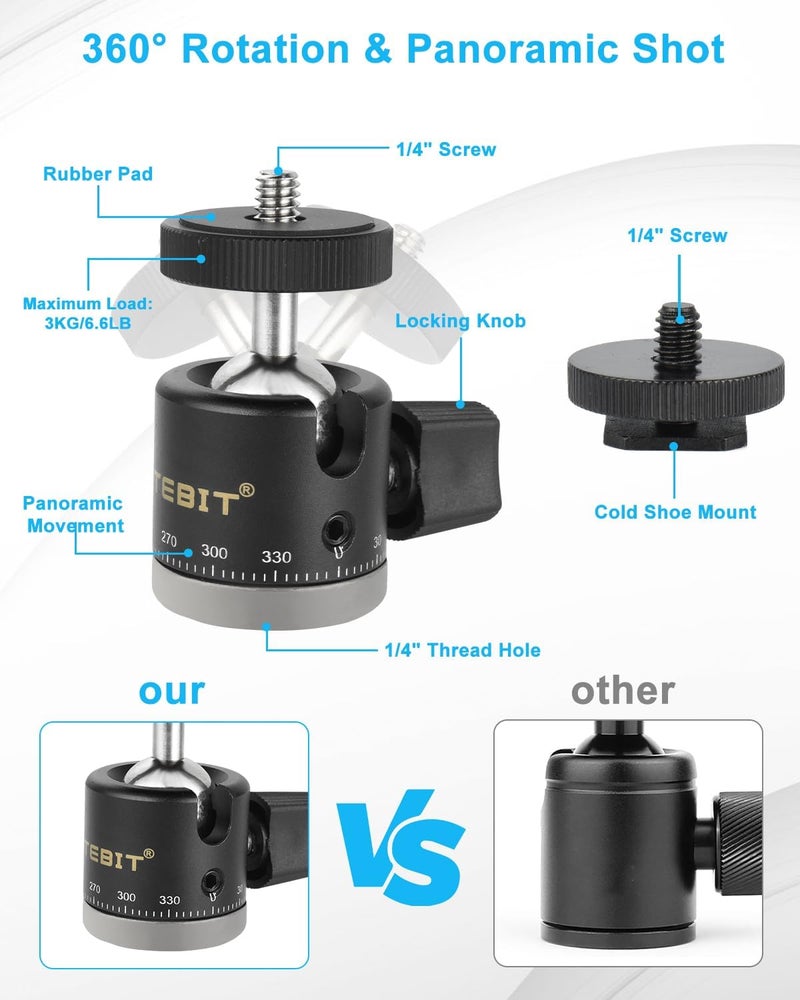 UTEBIT Mini Ball Head with Hot Shoe Mount and Phone Holder and Gopro Adapter, 360° Panoramic Rotating Mount Base Adapter Photograph Attachment Accessories for DSLR Cameras Smartphone Light Microphone - Image 4