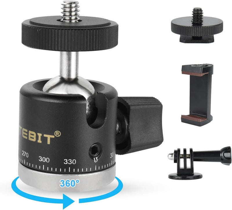 UTEBIT Mini Ball Head with Hot Shoe Mount and Phone Holder and Gopro Adapter, 360° Panoramic Rotating Mount Base Adapter Photograph Attachment Accessories for DSLR Cameras Smartphone Light Microphone - Image 1