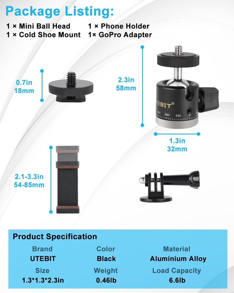 UTEBIT Mini Ball Head with Hot Shoe Mount and Phone Holder and Gopro Adapter, 360° Panoramic Rotating Mount Base Adapter Photograph Attachment Accessories for DSLR Cameras Smartphone Light Microphone - Image 2