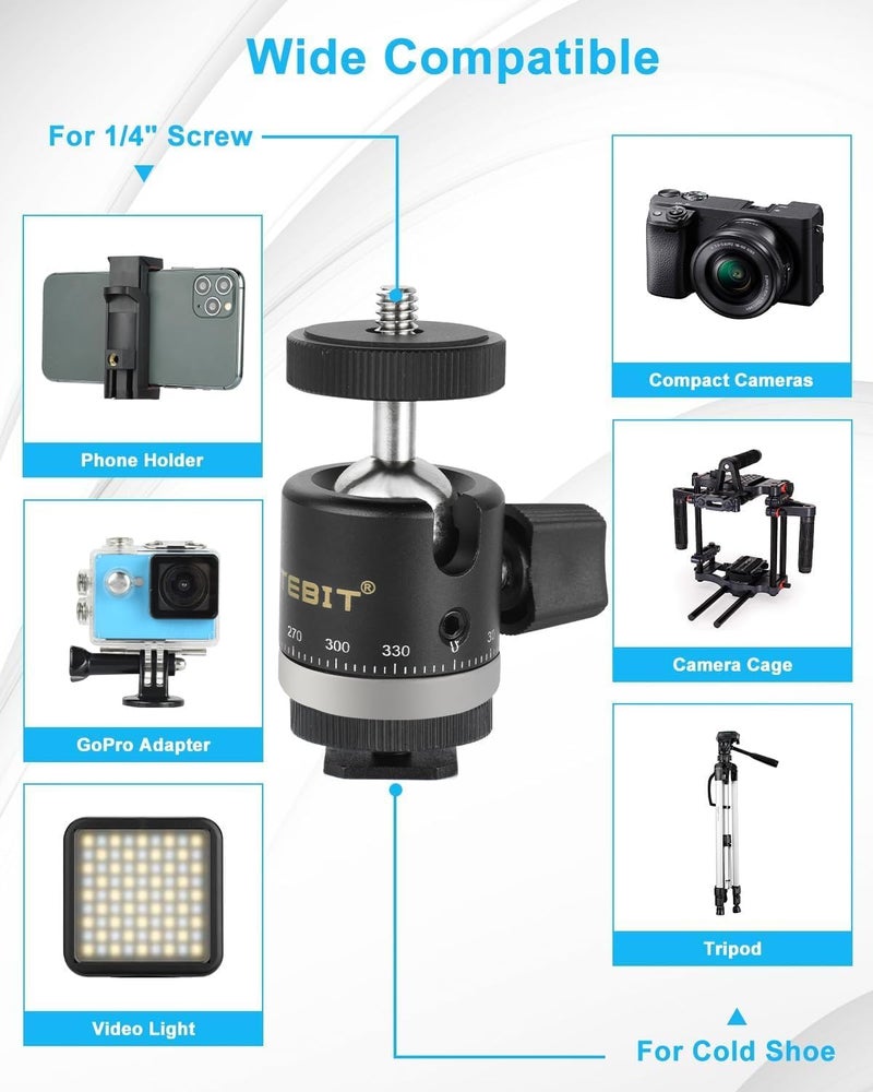 UTEBIT Mini Ball Head with Hot Shoe Mount and Phone Holder and Gopro Adapter, 360° Panoramic Rotating Mount Base Adapter Photograph Attachment Accessories for DSLR Cameras Smartphone Light Microphone - Image 5