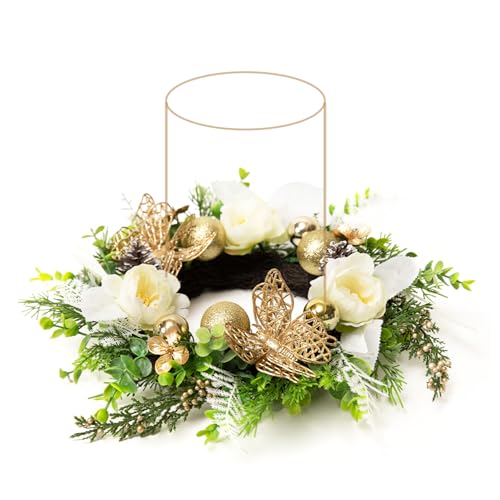 WELL KNOWN Artificial Flower Candle Rings Wreath, 12" Small Wreath for Candle Holder or Candelabrum, Butterfly Dining Table Centerpieces for Home Wedding Party & Hanging Decor (Gold White & Green) - Image 1