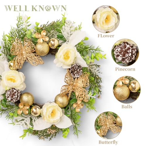 WELL KNOWN Artificial Flower Candle Rings Wreath, 12" Small Wreath for Candle Holder or Candelabrum, Butterfly Dining Table Centerpieces for Home Wedding Party & Hanging Decor (Gold White & Green) - Image 2
