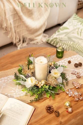 WELL KNOWN Artificial Flower Candle Rings Wreath, 12" Small Wreath for Candle Holder or Candelabrum, Butterfly Dining Table Centerpieces for Home Wedding Party & Hanging Decor (Gold White & Green) - Image 3
