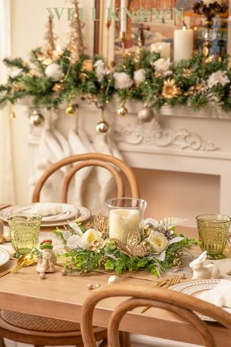 WELL KNOWN Artificial Flower Candle Rings Wreath, 12" Small Wreath for Candle Holder or Candelabrum, Butterfly Dining Table Centerpieces for Home Wedding Party & Hanging Decor (Gold White & Green) - Image 5